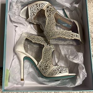 SB- Livie Ivory Satin shoes, Blue by Betsey Johnson